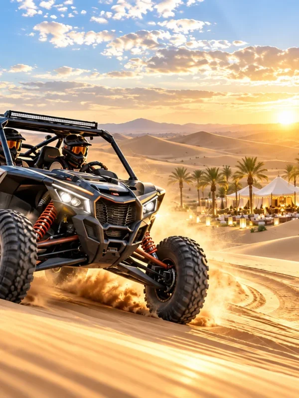 Can-Am dune buggy driving across Dubai desert dunes with luxury desert camp in the background