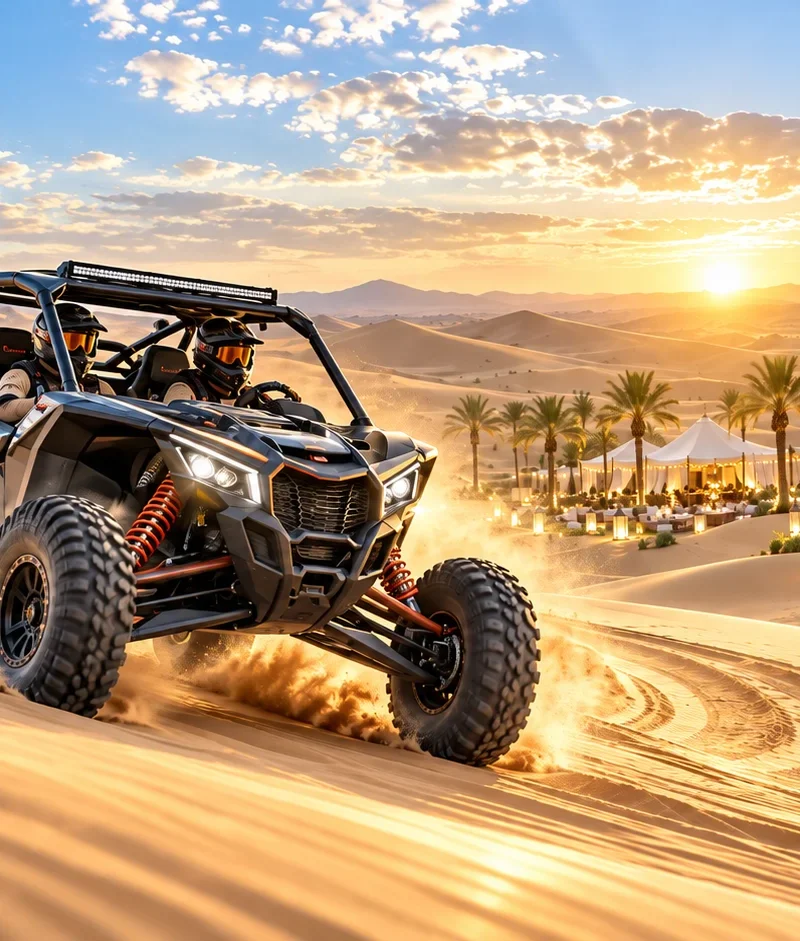 Can-Am dune buggy driving across Dubai desert dunes with luxury desert camp in the background