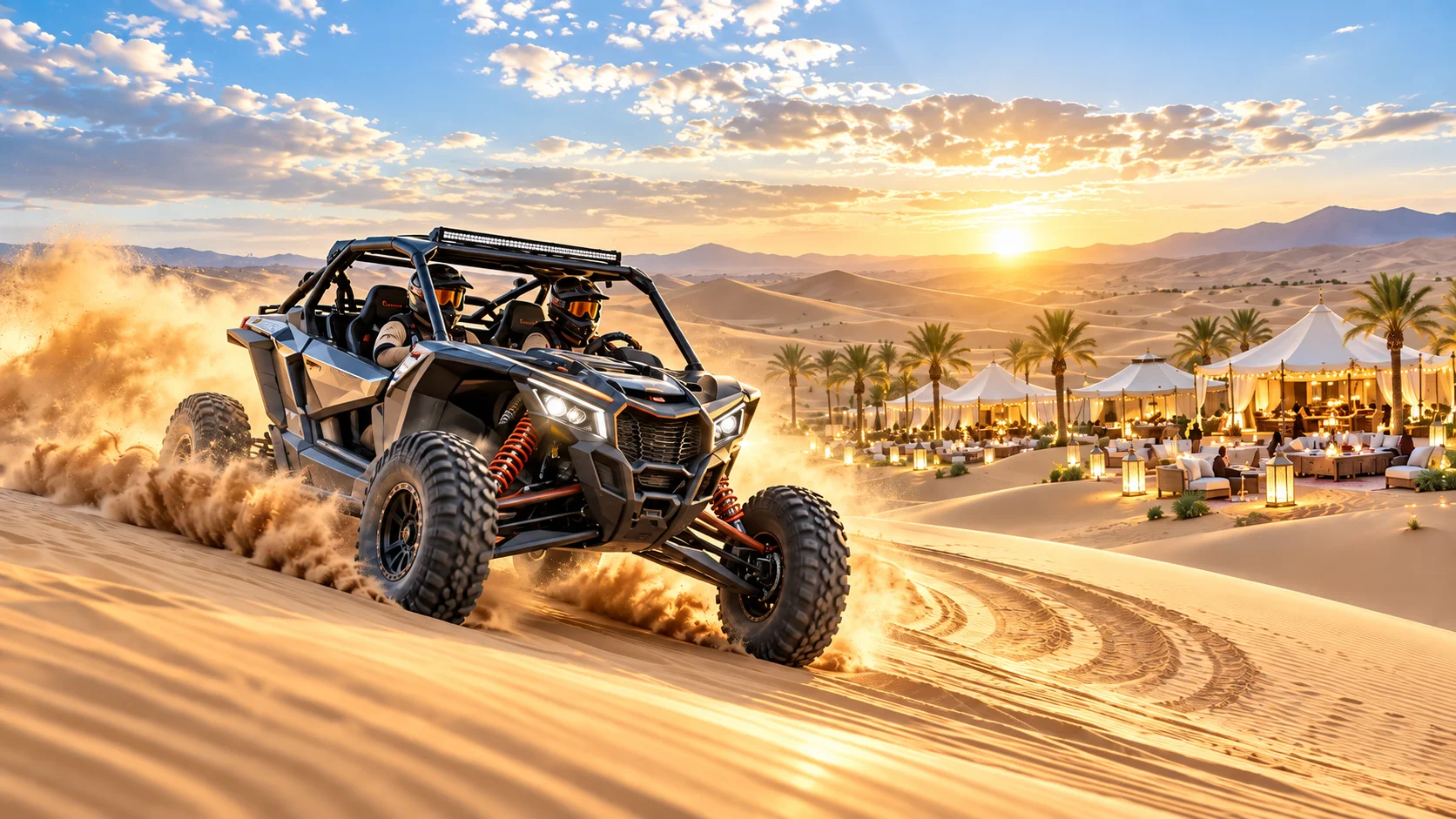 Can-Am dune buggy driving across Dubai desert dunes with luxury desert camp in the background