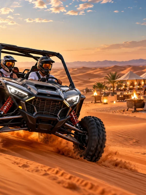 Polaris dune buggy driving across Dubai desert dunes with desert camp dinner setting in the background