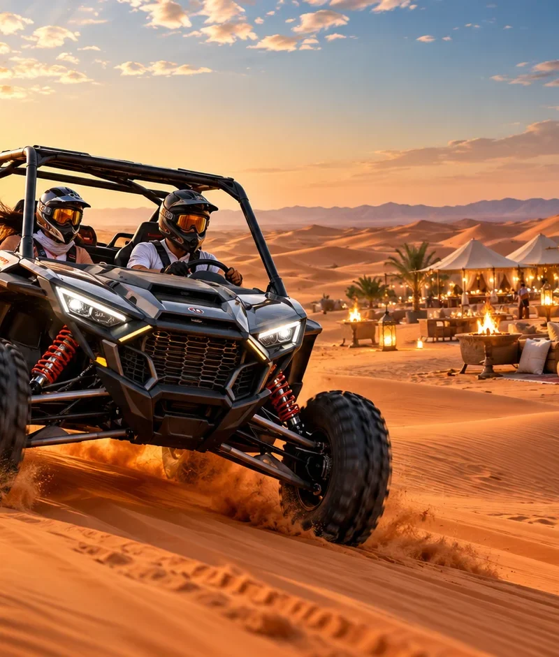 Polaris dune buggy driving across Dubai desert dunes with desert camp dinner setting in the background