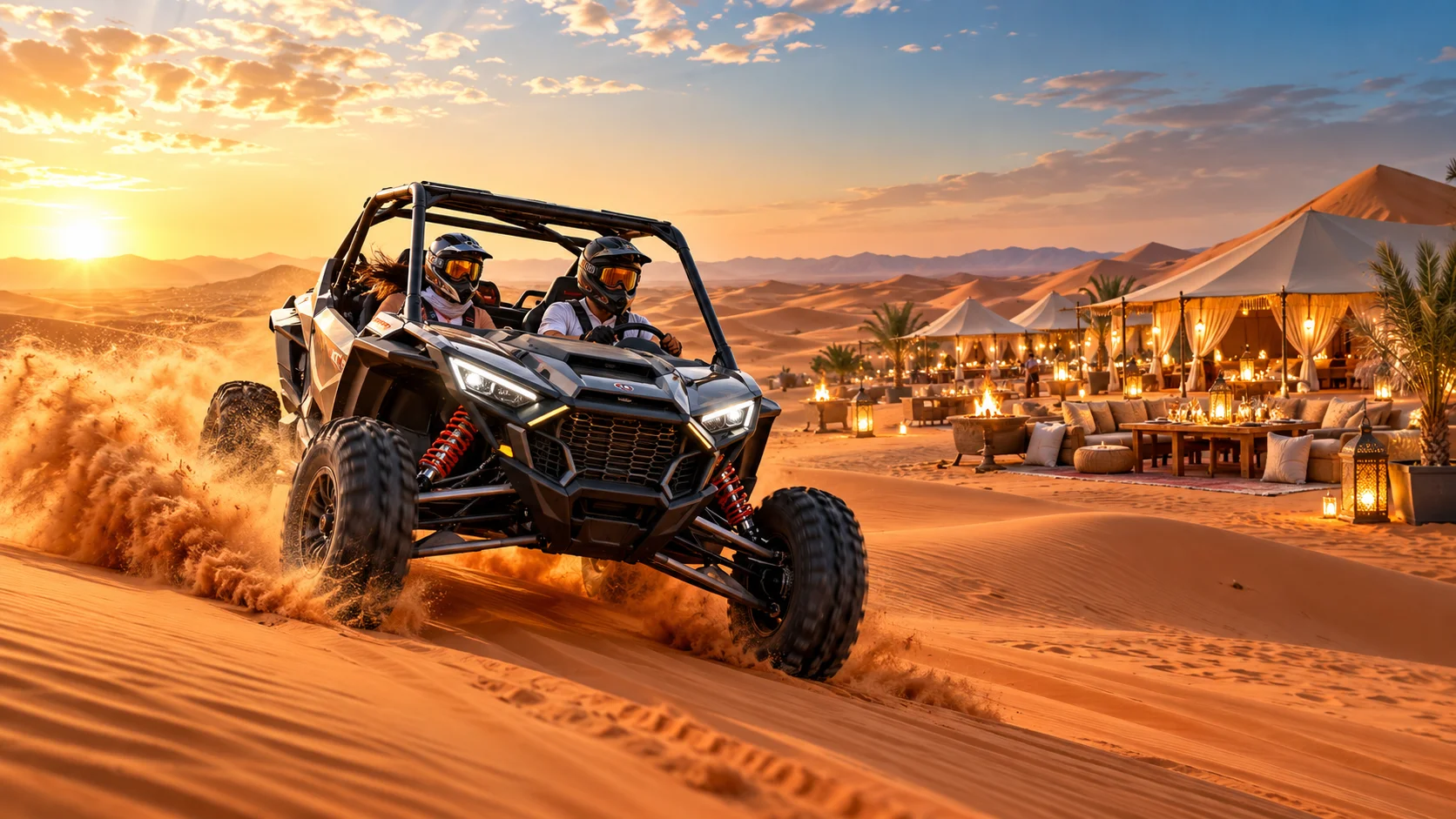Polaris dune buggy driving across Dubai desert dunes with desert camp dinner setting in the background